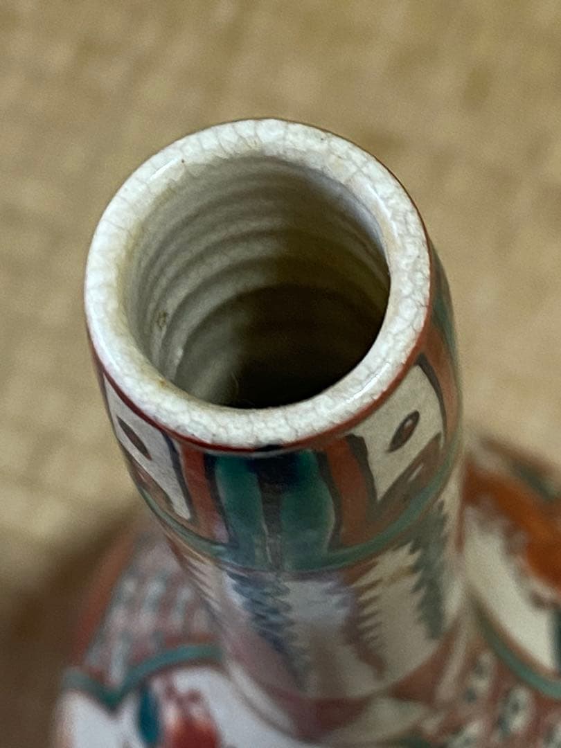 ♦赤絵 赤玉 瓔珞 鋸歯 紋様 鶴首瓶 徳利 九谷焼 越中八尾 大正時代 骨董品
