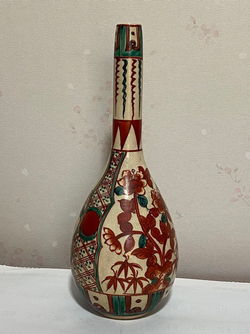 ♦赤絵 赤玉 瓔珞 鋸歯 紋様 鶴首瓶 徳利 九谷焼 越中八尾 大正時代 骨董品