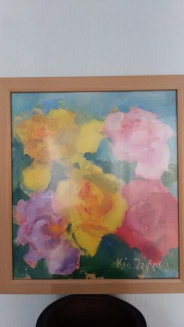 田川勤次　油彩色紙画「ばら」