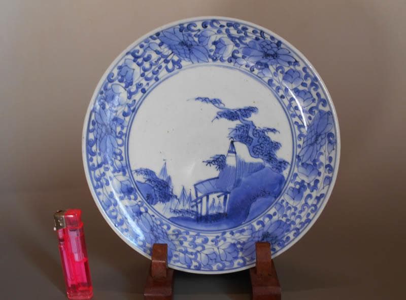 古伊万里　染付　花唐草　山水文 中皿　藍柿右衛門　江戸中期　一重 延宝　1922