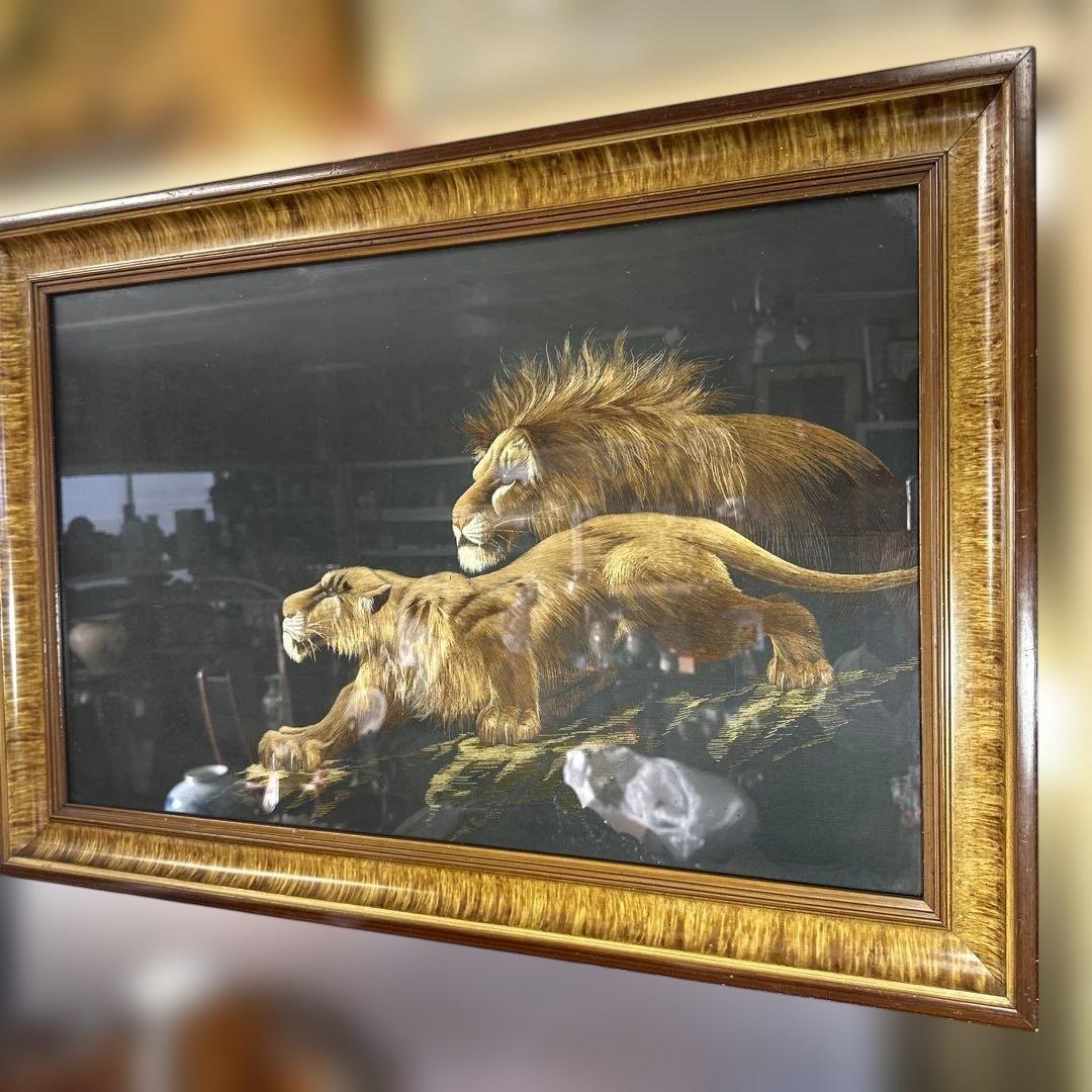 刺繍アート 昭和レトロ　縁起物 ライオン ，中国，