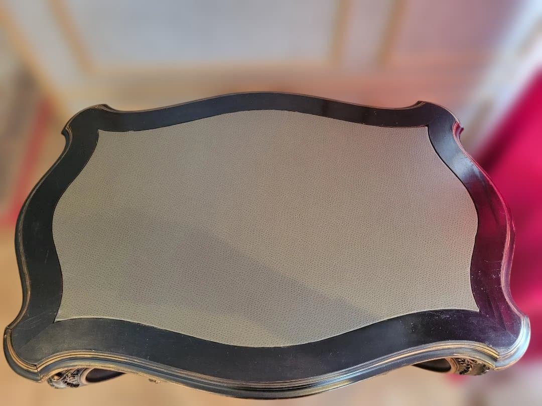 テーブル　フランス　アンティーク　ロココ様式　木製　猫脚　黒　金　レザートップ