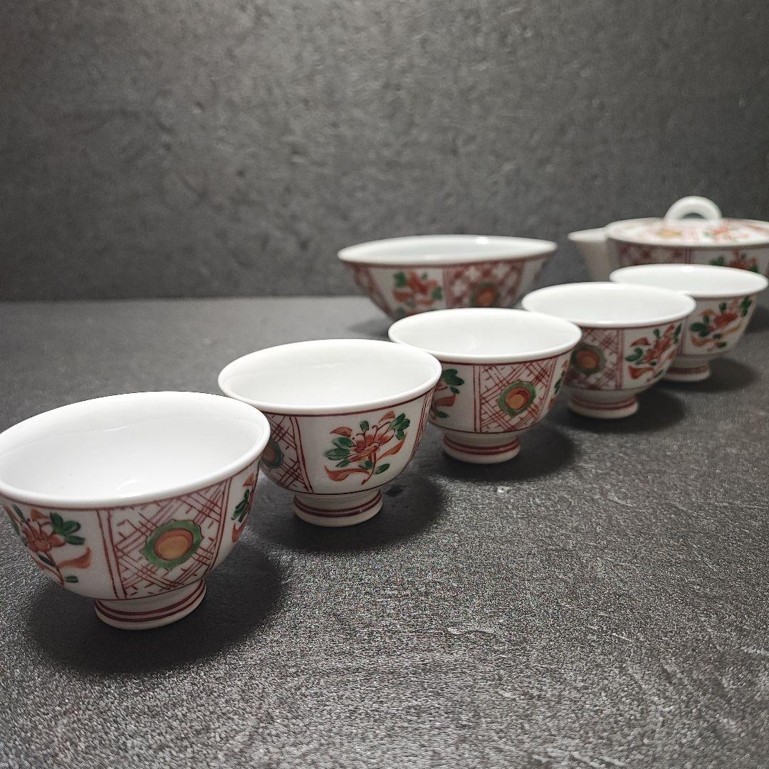 煎茶道具　有田　宝瓶　玉露　小茶器7点セット　グリーン玉赤絵　金彩　仙月