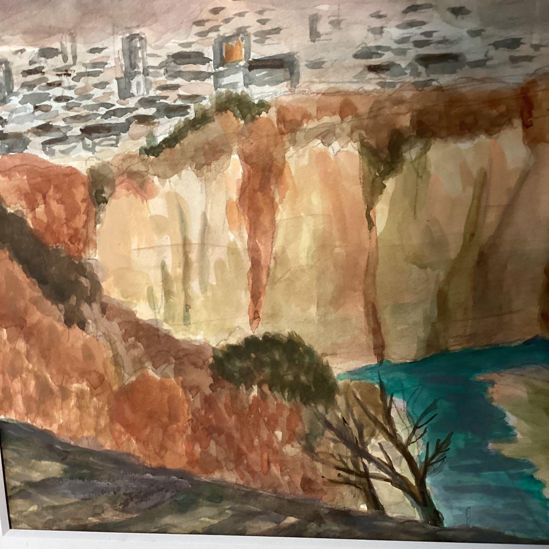 水彩画【風景】　　山下清　肉筆　　落款印譜在　　木枠額装ガラス無　　模写