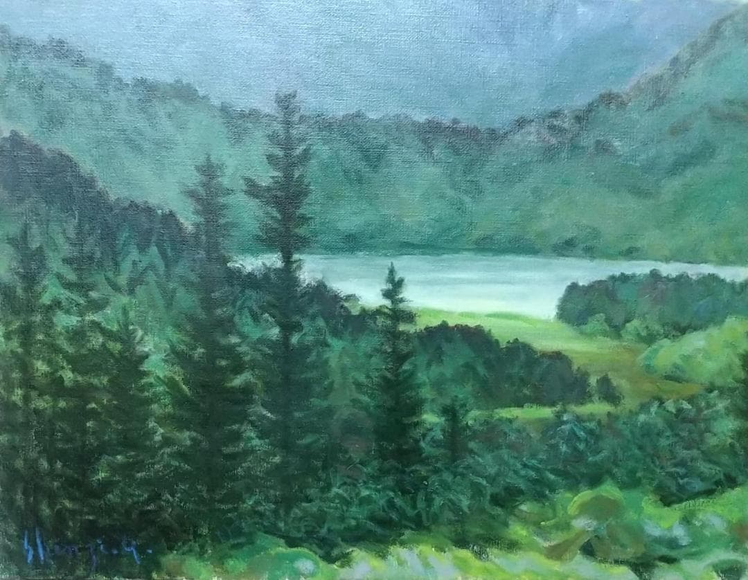 F15「雨の山湖」2002 平成14年 油絵 絵画