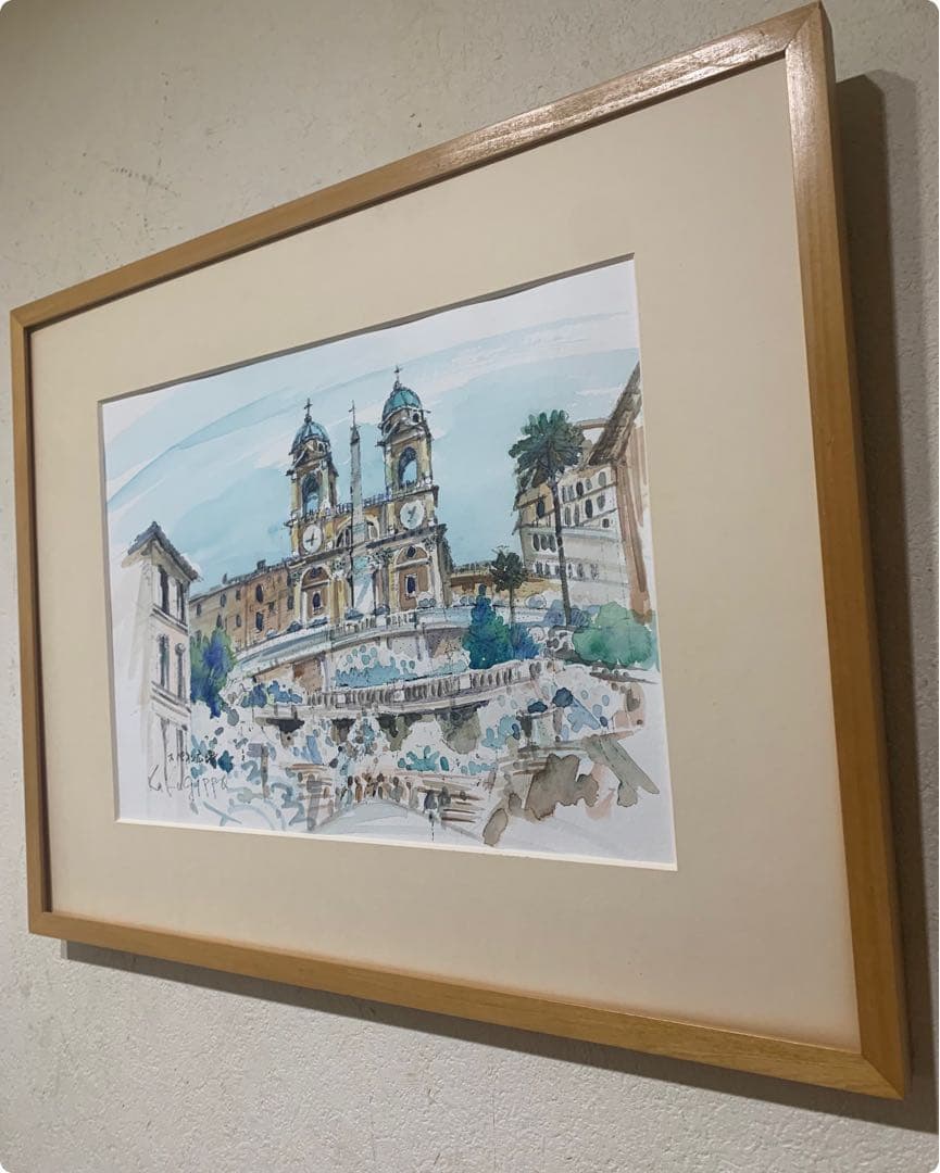 真作　絵画　水彩肉筆画　鶴十帆（カクジッポ）『スペイン広場』直サイン有り