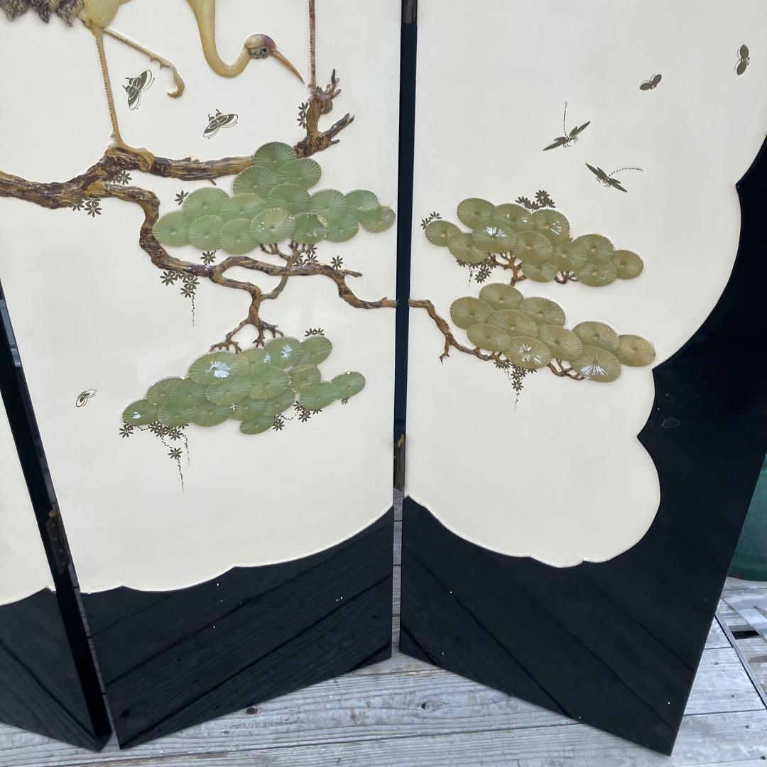 中国骨董 天然石細工 松 鶴 とんぼ 古典画装飾 木製 4連屏風 衝立 間仕切り