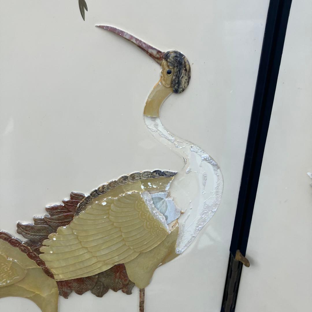 中国骨董 天然石細工 松 鶴 とんぼ 古典画装飾 木製 4連屏風 衝立 間仕切り