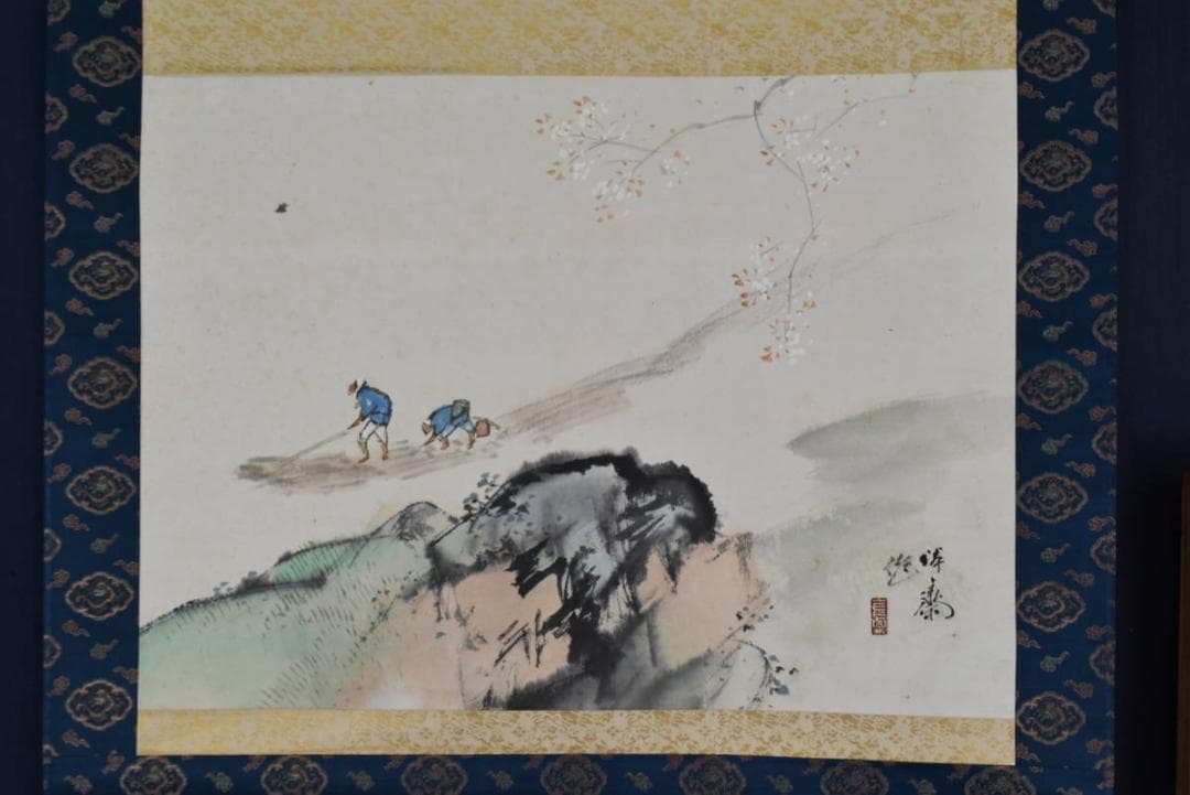 【真作】徳田隣斎/嵐峡春趣/春景筏下り図/山水図/掛軸/名家伝来/AA-895