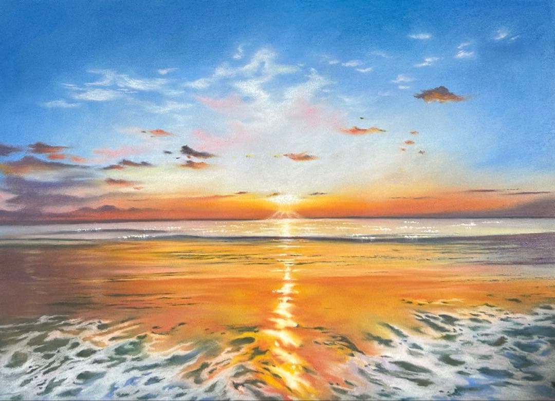 夕陽に照らされる夕景 パステル画 原画 54.0×39.5