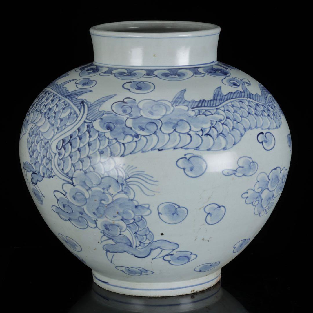 朝鮮美術 李朝 白磁 青花 染付 雲龍図 丸壺 32cm 大壺 古美術 骨董品