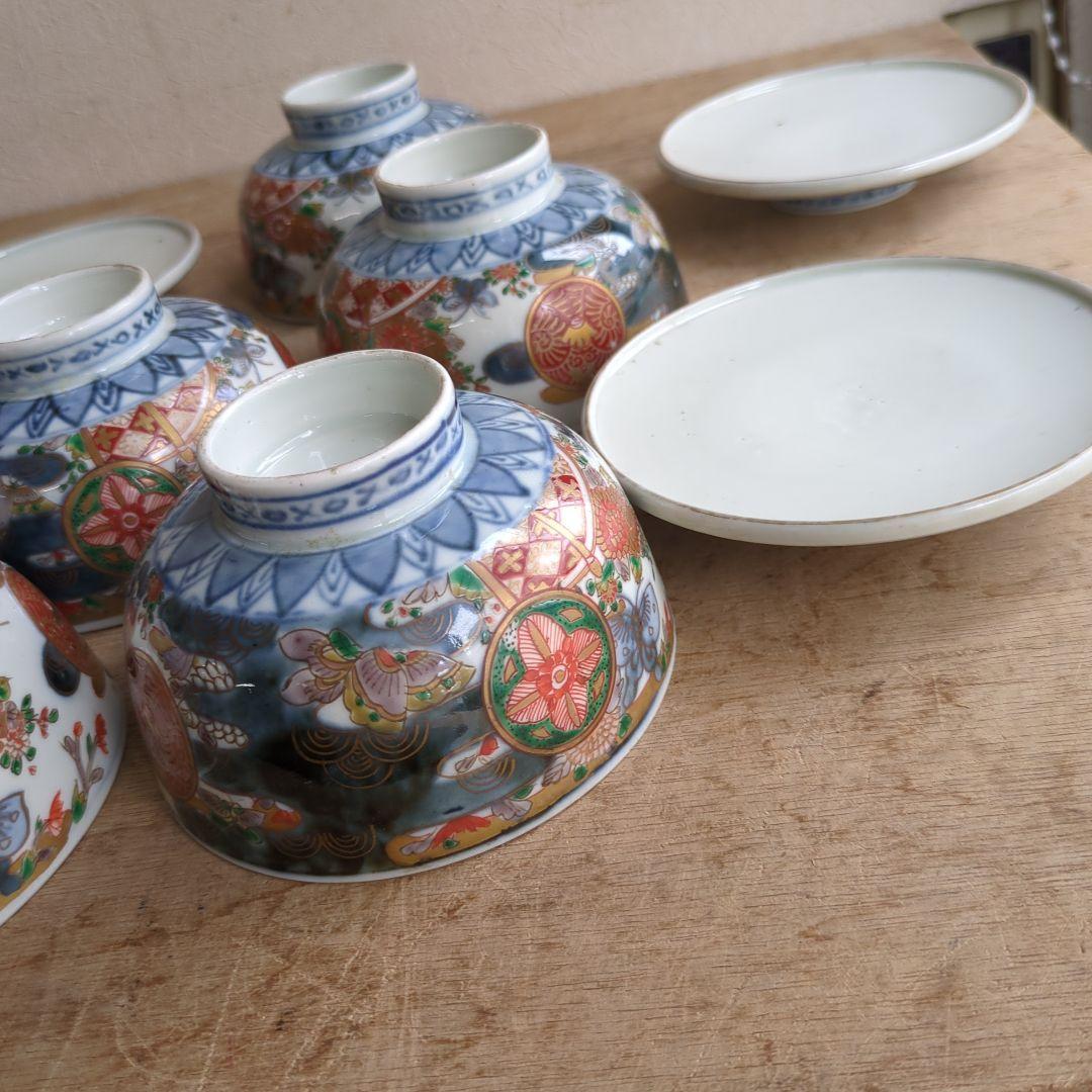 骨董 古伊万里 染錦 蓋茶碗 茶碗 煮物碗 色絵 アンティーク 5つ〜