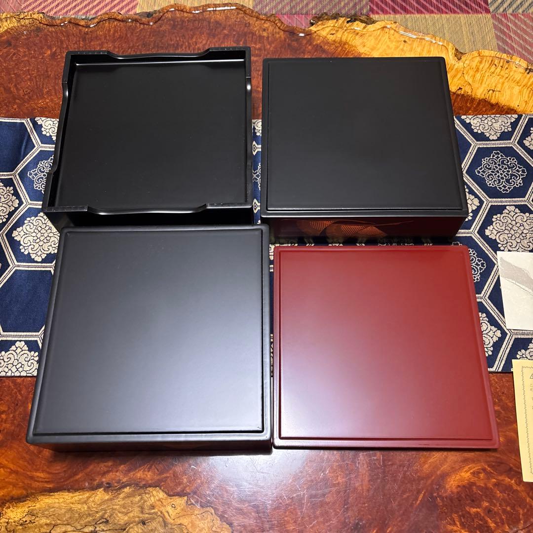 越前漆器 皿5枚セット 、会津塗金色の松の葉模様三段重箱