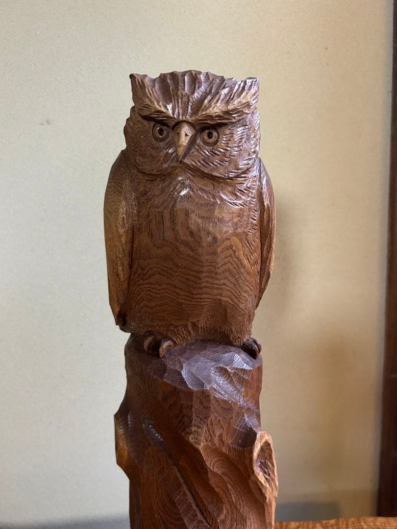 フクロウの木彫彫刻 大場貞義（貞光）作　 【縁起物 希少逸品】送料込み