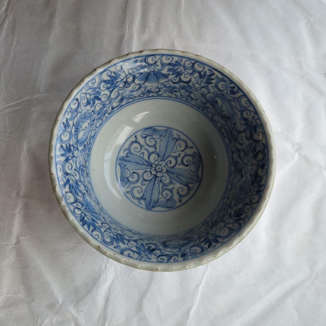 骨董 古伊万里 盃洗 線描き 染め付け 器 物入れ 花唐草 鉢 菓子器