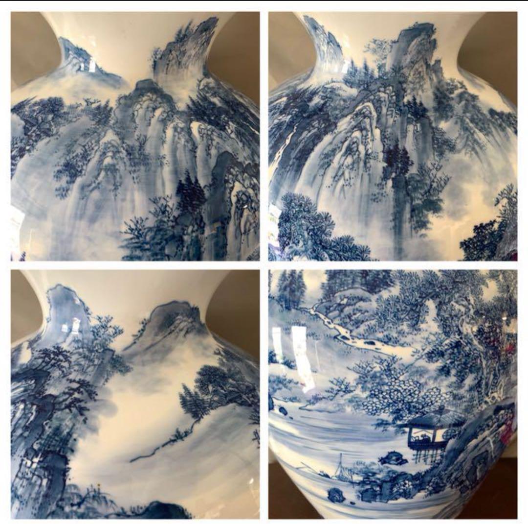 【希少品】古美術　大花瓶　精描かれた山水画青花染付け