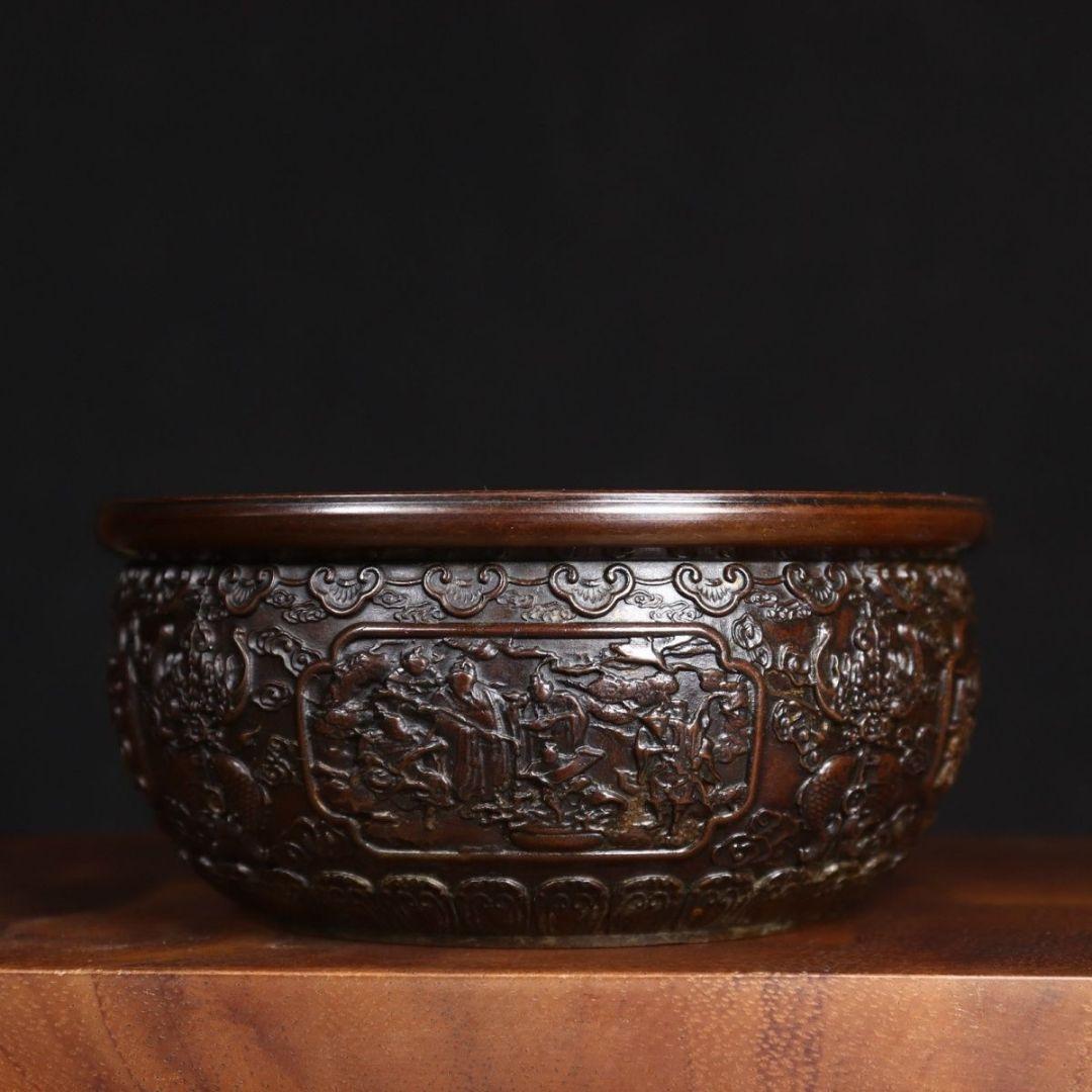 銅 細工 彫刻 乾坤聚宝盆 福禄寿喜 双魚紋飾 工芸品 美術品 置物