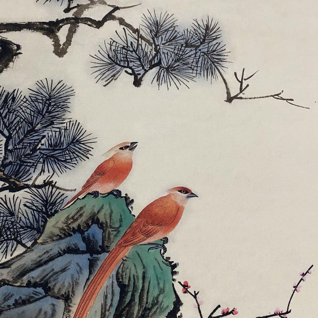 中国画 颜伯龙 綬帯鳥図 四尺中堂 掛け軸／防偽証書付き