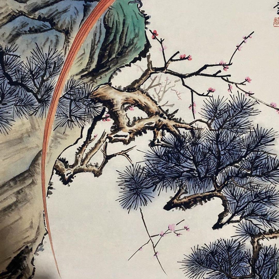 中国画 颜伯龙 綬帯鳥図 四尺中堂 掛け軸／防偽証書付き