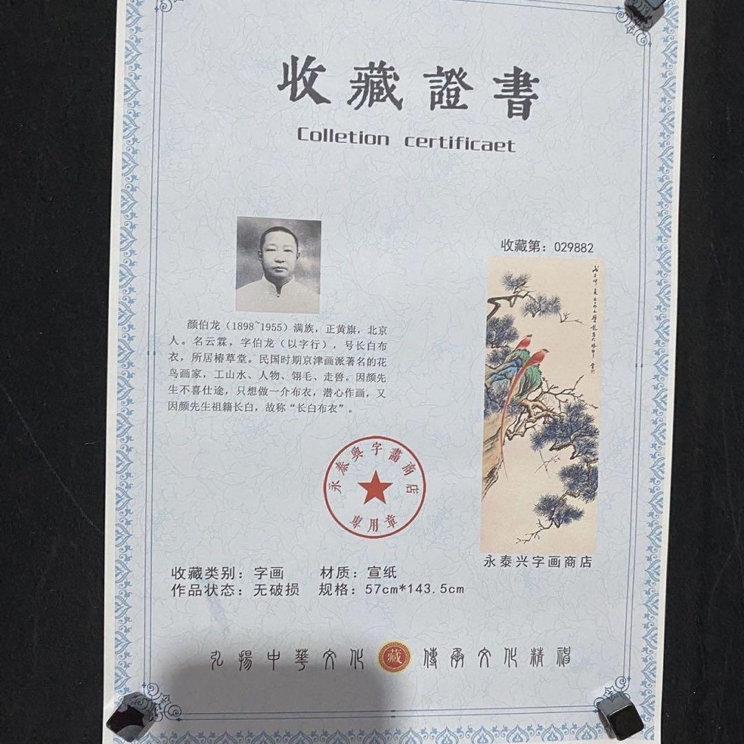 中国画 颜伯龙 綬帯鳥図 四尺中堂 掛け軸／防偽証書付き