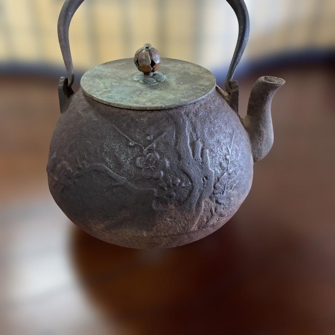 鋳鉄製 花と鳥の彫刻 鉄瓶