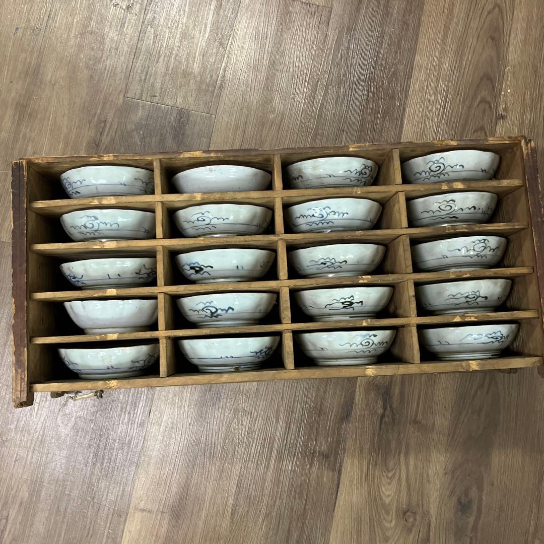 3F 明治時代物 骨董品 小皿 20客セット 木箱入り蔵出し アンティーク 染付