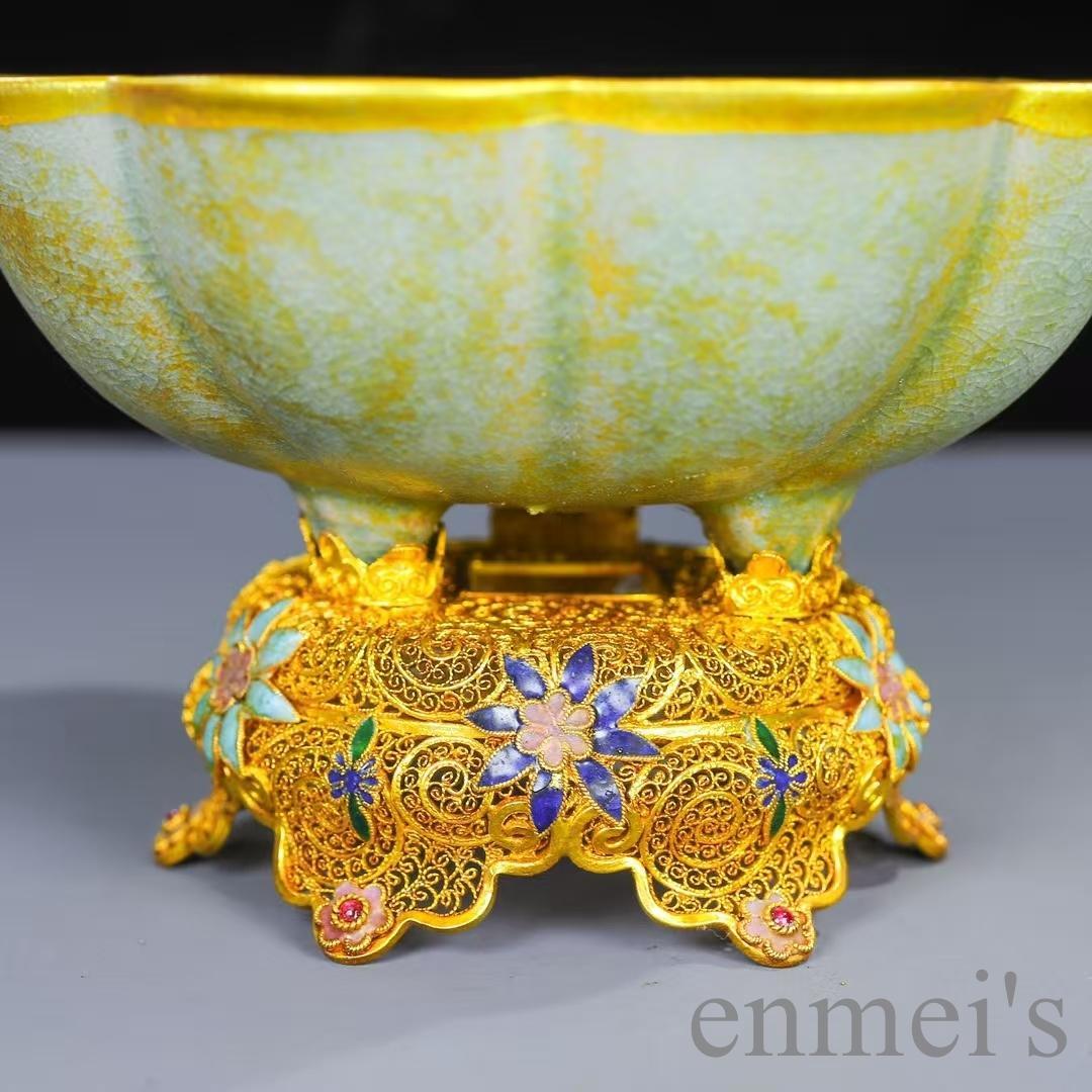 中国古美術 掐絲七宝 黄緑色 八弁花形茶碗 鍍金供盤 純銅製 仏具 供物器 茶具