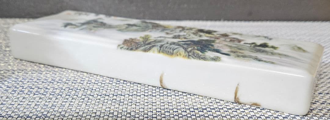 時代物　中国古陶磁器　粉彩　楼閣山水図　在銘　文鎮　碗枕　文房四宝　書道具