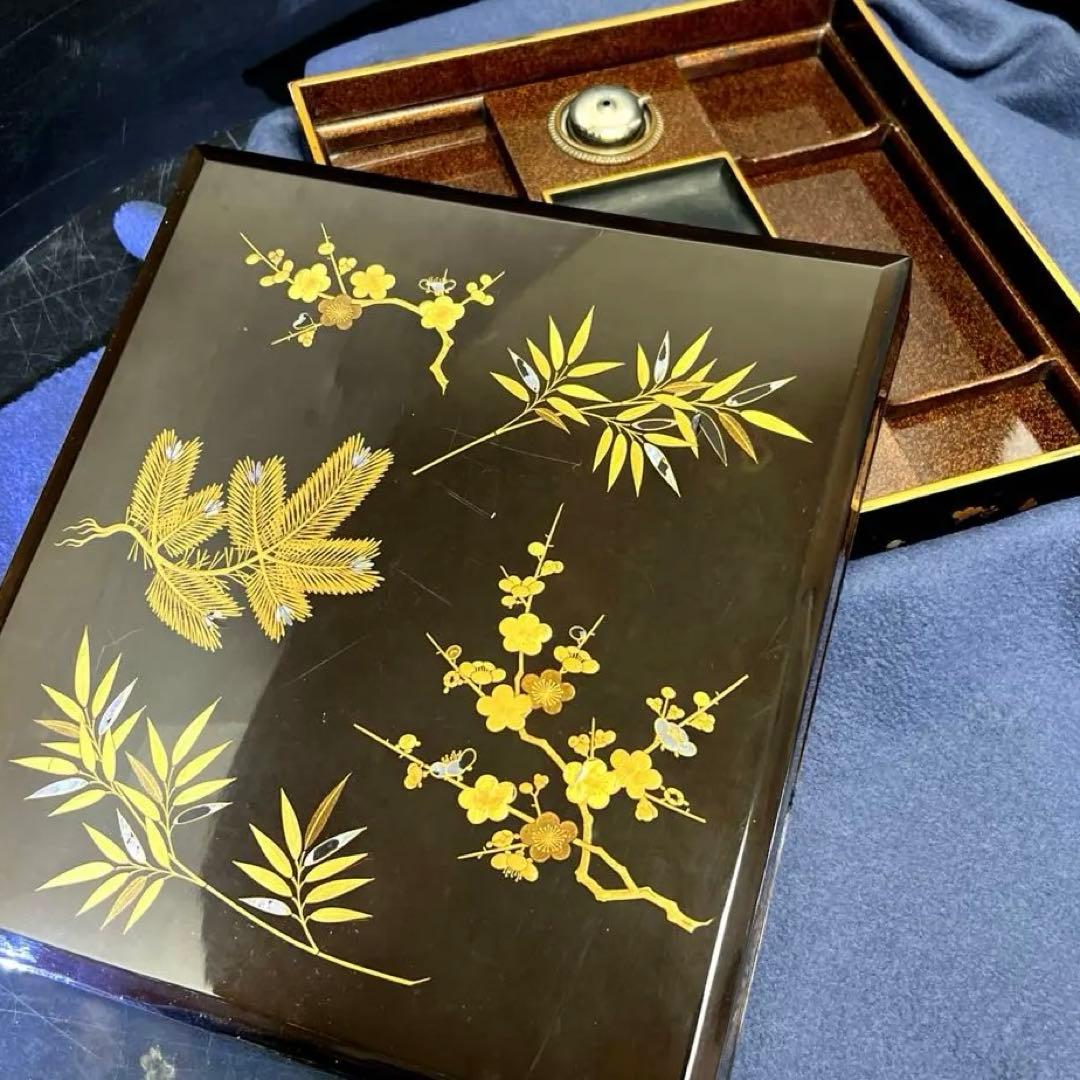時代　木製　上手蒔絵内梨地硯箱　木箱付　東Y7-1126☆2Fトコヒカ