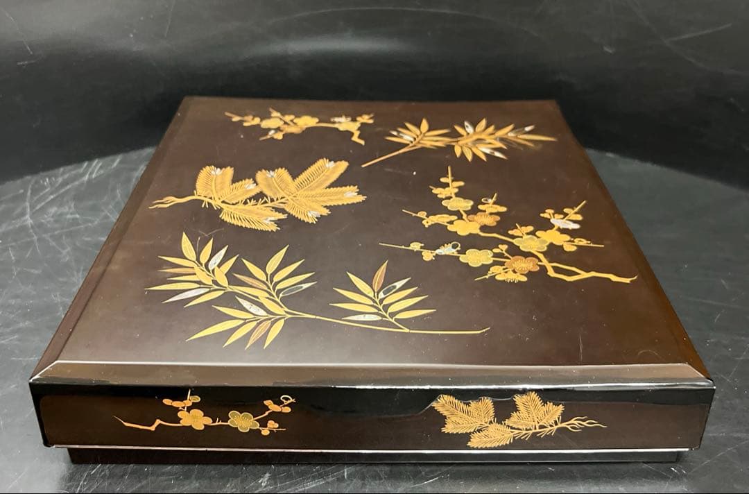 時代　木製　上手蒔絵内梨地硯箱　木箱付　東Y7-1126☆2Fトコヒカ