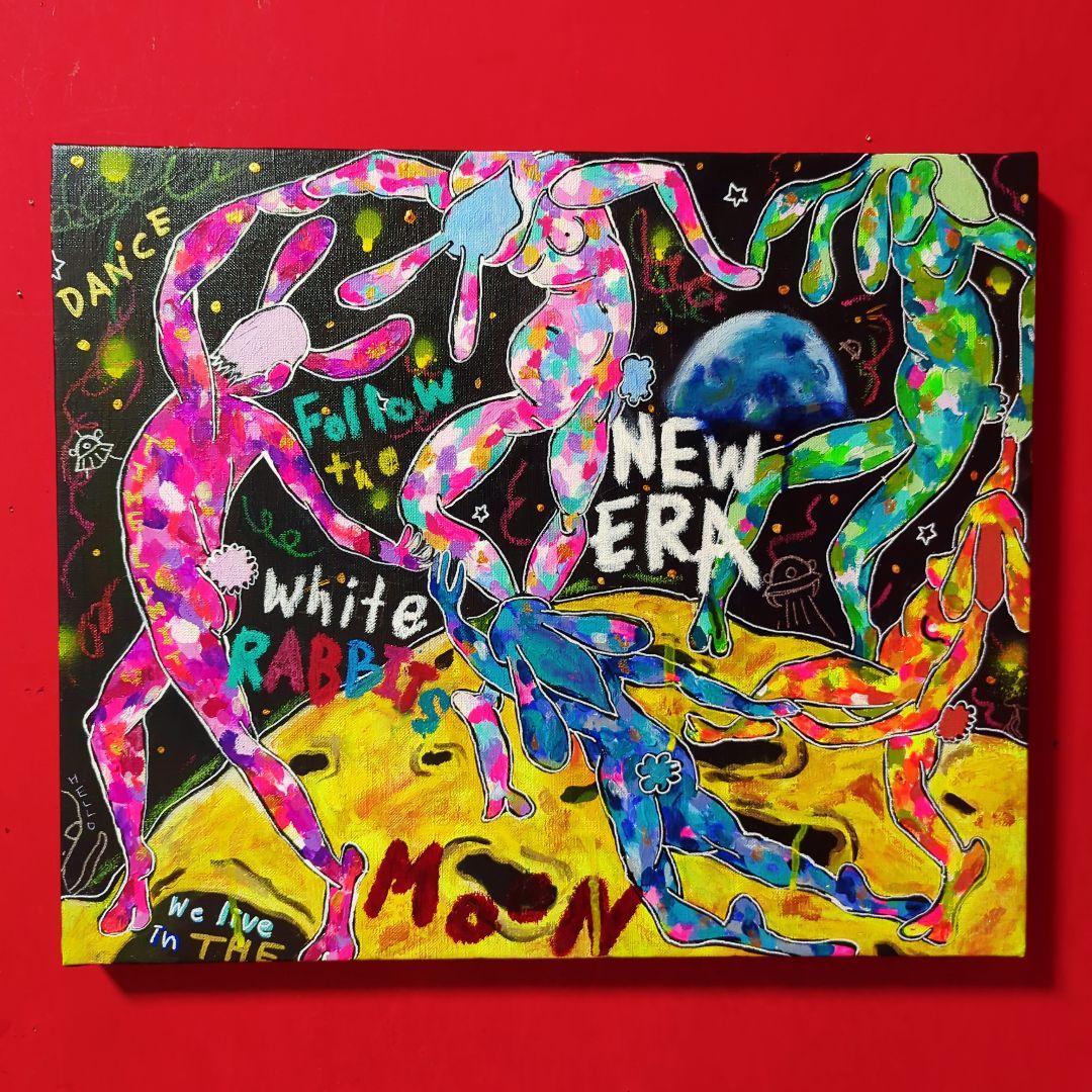 【一点物現代アート】月の裏側でダンスするうさぎの絵【F8号】