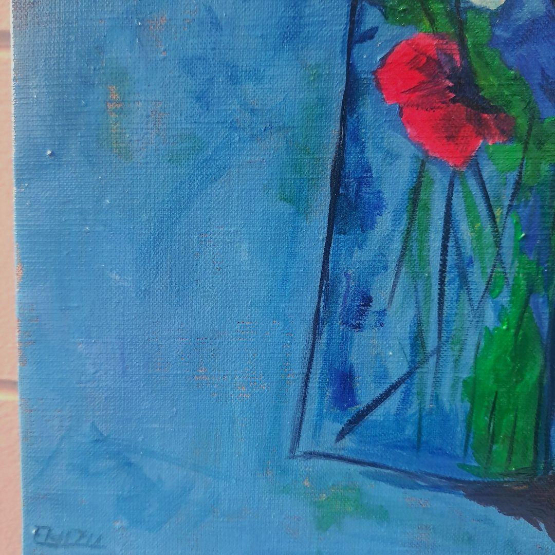 キャンバス油絵　専用　青い背景のコップに入れた野のお花　抽象静物画