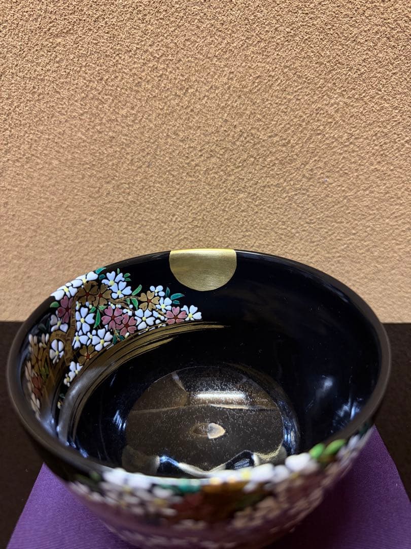 京焼　中村能久　黒釉　夜桜之図　茶碗　共箱