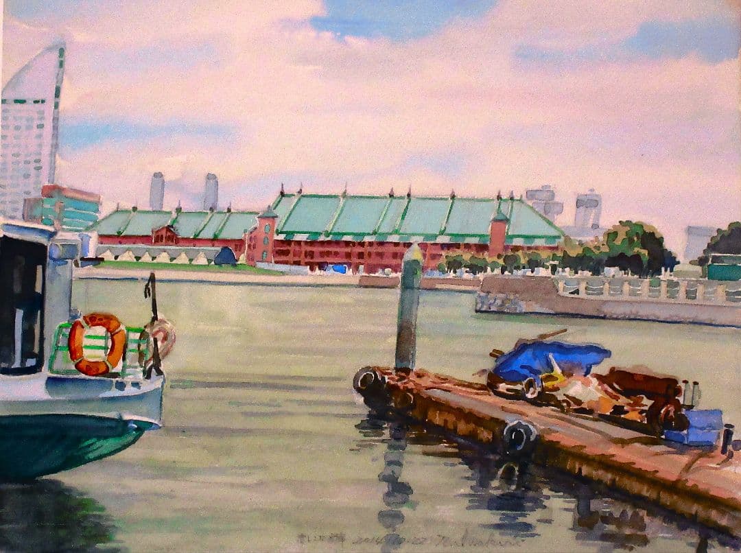 港の風景 水彩画 フレーム付き F6サイズ 原画