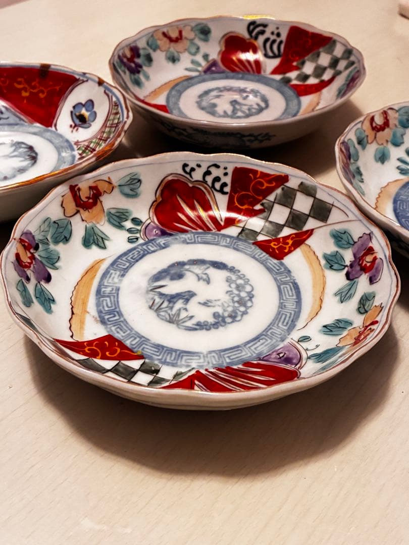 古伊万里なます皿　江戸時代 色絵金彩 膾皿　 輪花　美品4枚セット