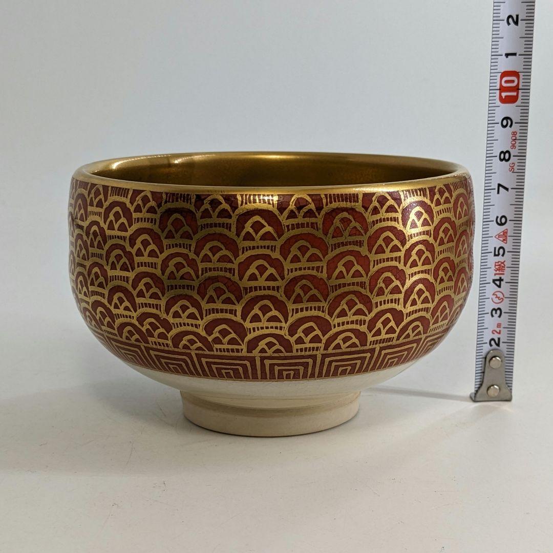 明山 九谷焼 金彩波文茶盌 共箱合布 抹茶碗 抹茶茶碗 茶道具 茶器 食器 茶陶
