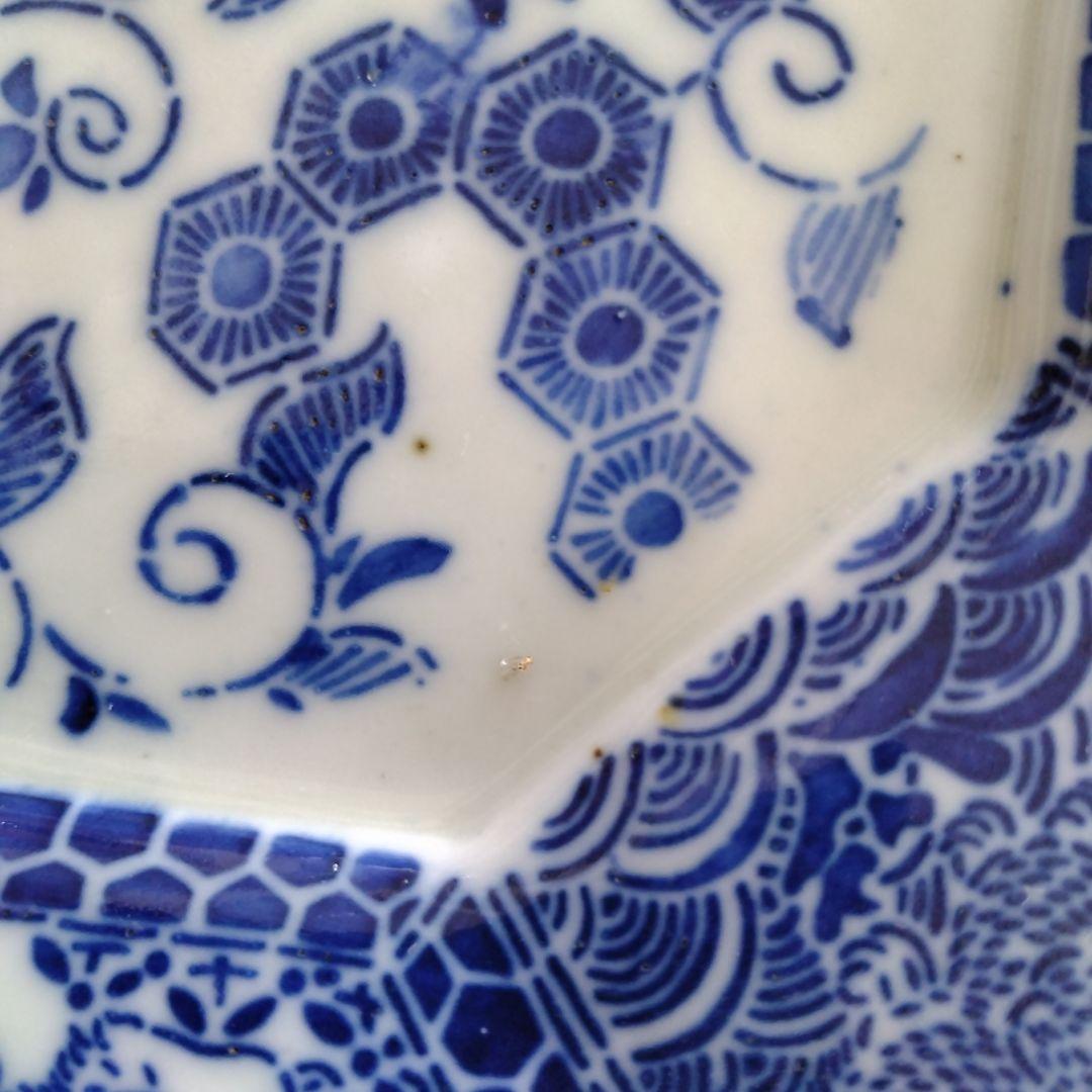 印判 隅切り 八角大皿 野兎と獅子 骨董 アンティーク