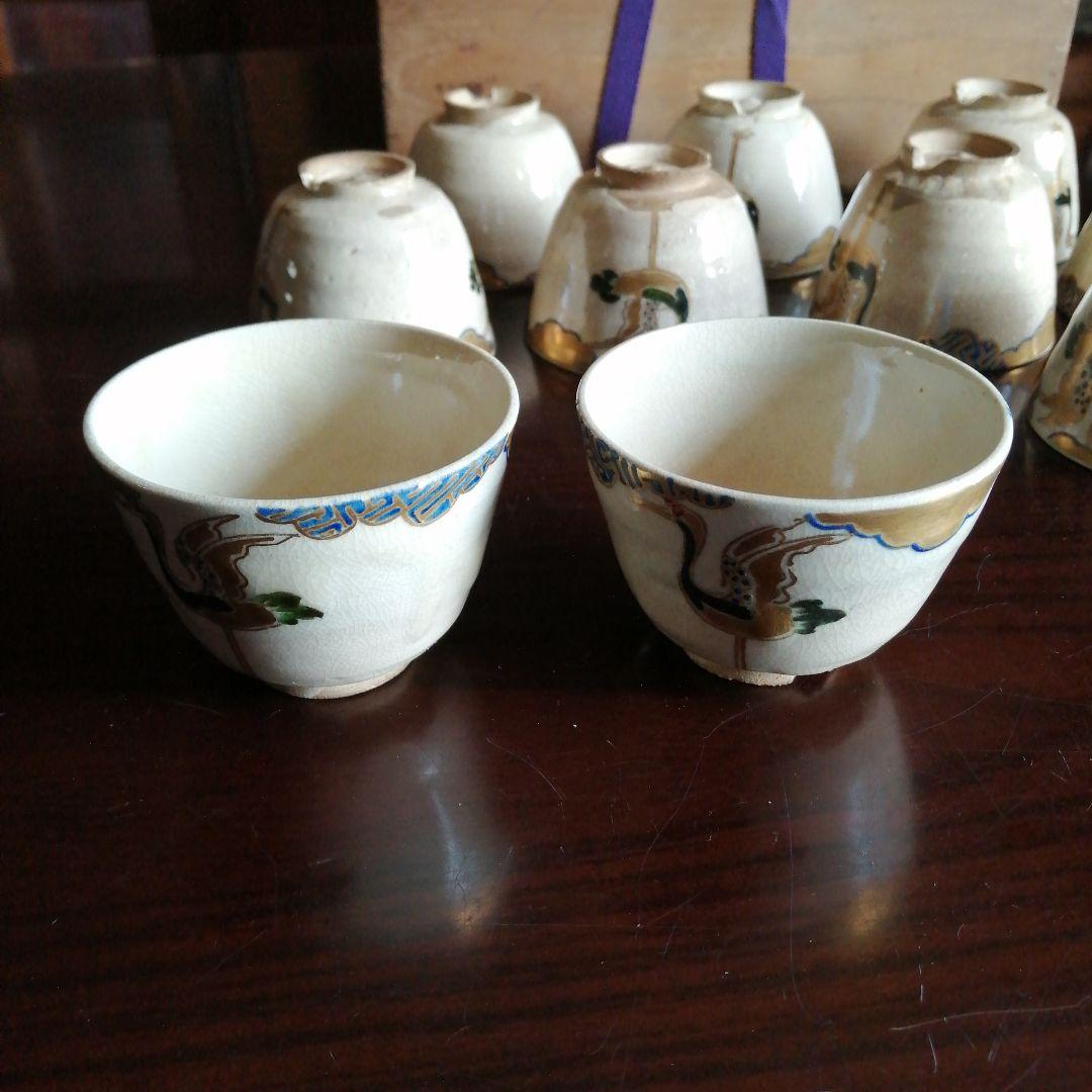 京焼　永楽善五郎　仁清写立鶴煎茶碗　10客　明治～昭和初期