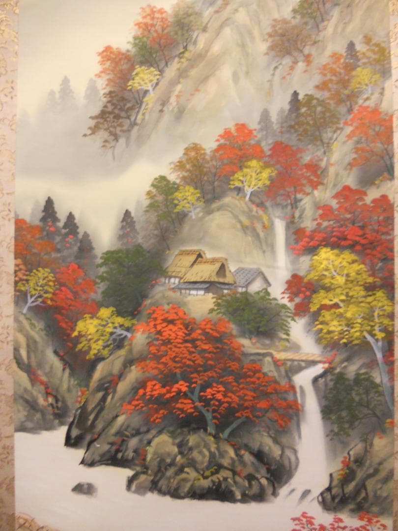 掛け軸 秀水 彩色秋景図 絹本 希少 軸装 茶道具 掛軸 美品 です。