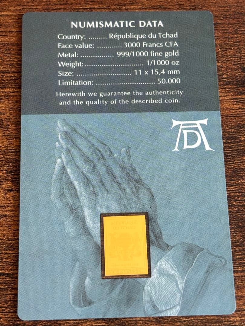 【純金】祈りの手 1/1000oz Fin Gold チャド共和国 インゴット