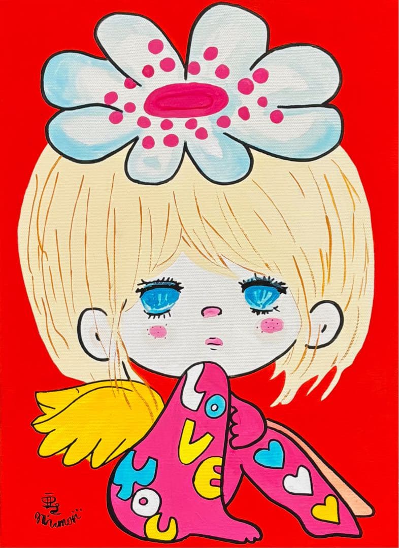 【F4号】手描き油彩画　水森亜土　額縁　未使用額　サイン　人気絵柄　絵画　女の子