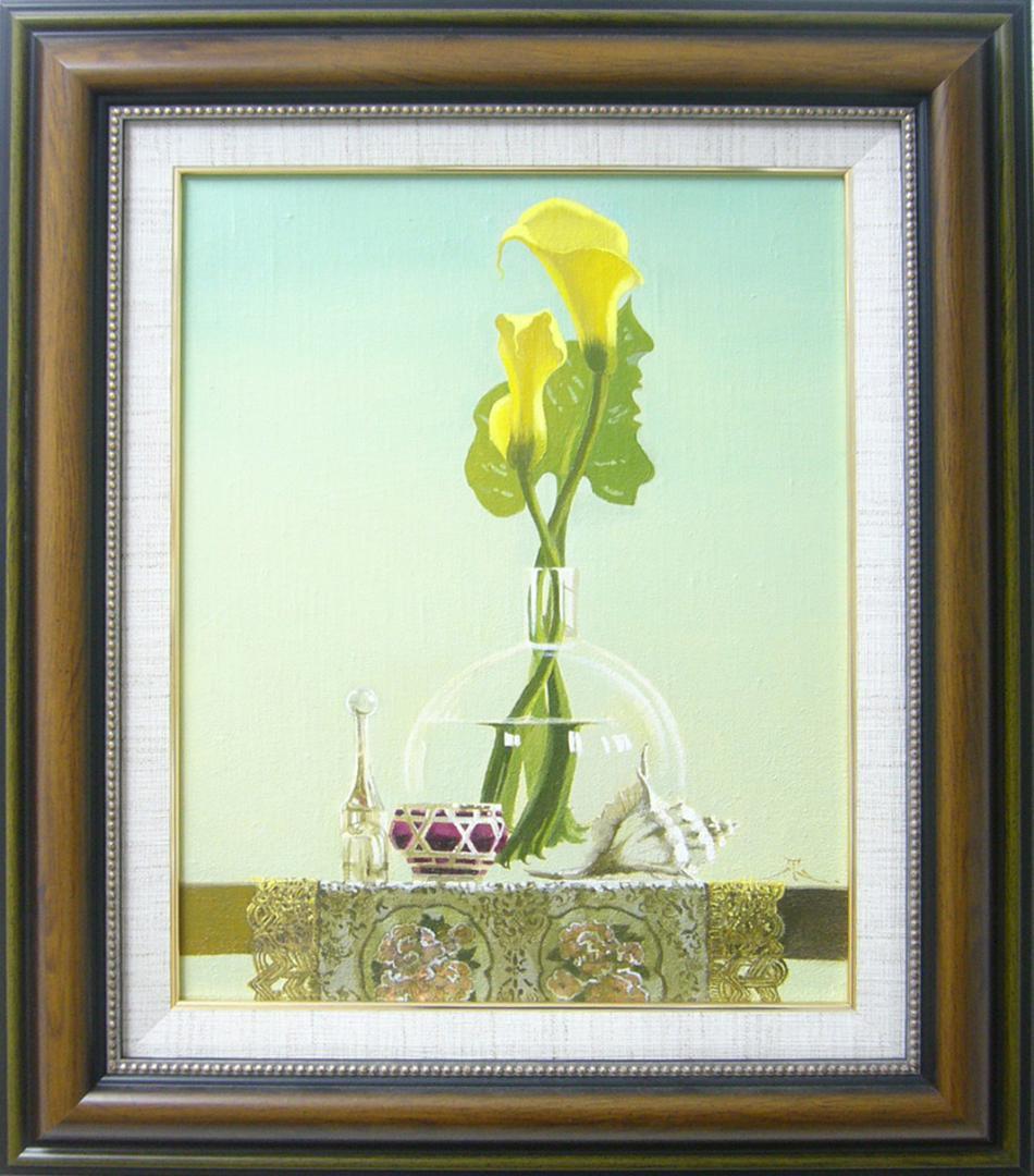 絵画　田浦信勝  肉筆油絵 静物画 黄色いカラー テーブルクロス