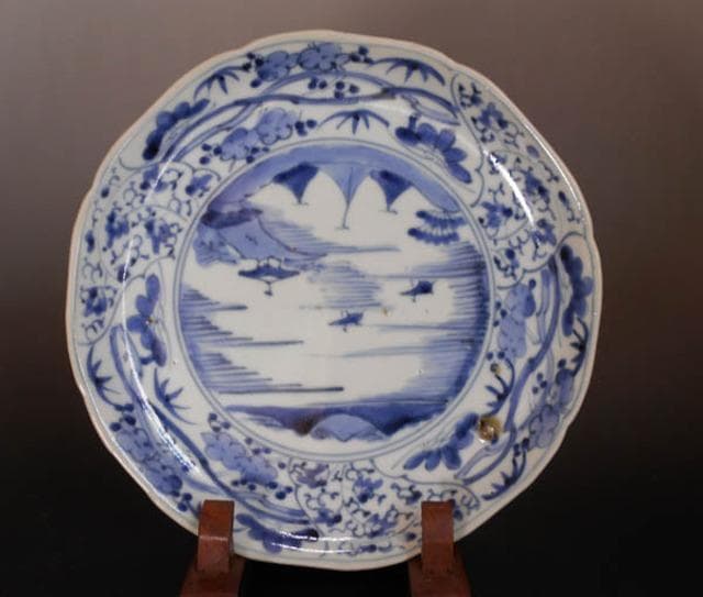 古伊万里　染付　花唐草　山水図 中皿 藍柿右衛門　江戸 2009