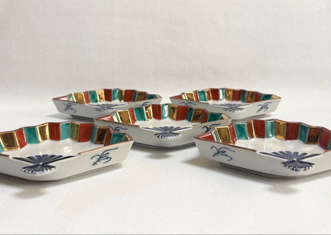 九谷焼 上出長右衛門 色絵金彩扇面 向付 5客 銘々皿 小鉢 九谷 懐石 料亭