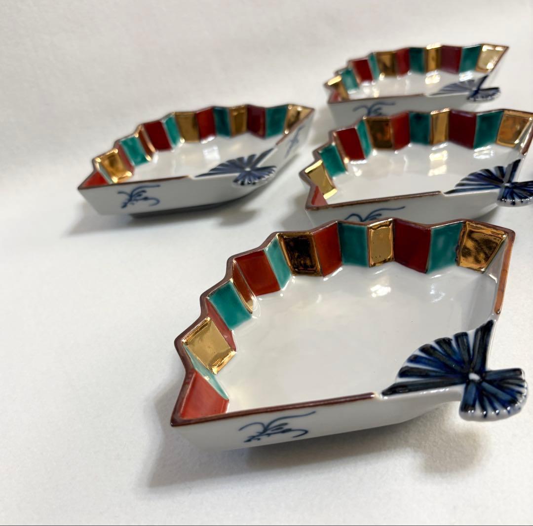 九谷焼 上出長右衛門 色絵金彩扇面 向付 5客 銘々皿 小鉢 九谷 懐石 料亭