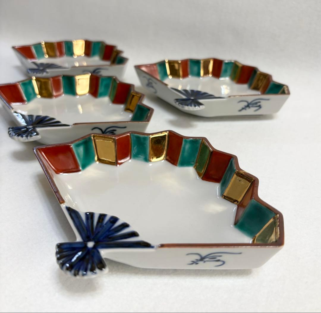 九谷焼 上出長右衛門 色絵金彩扇面 向付 5客 銘々皿 小鉢 九谷 懐石 料亭