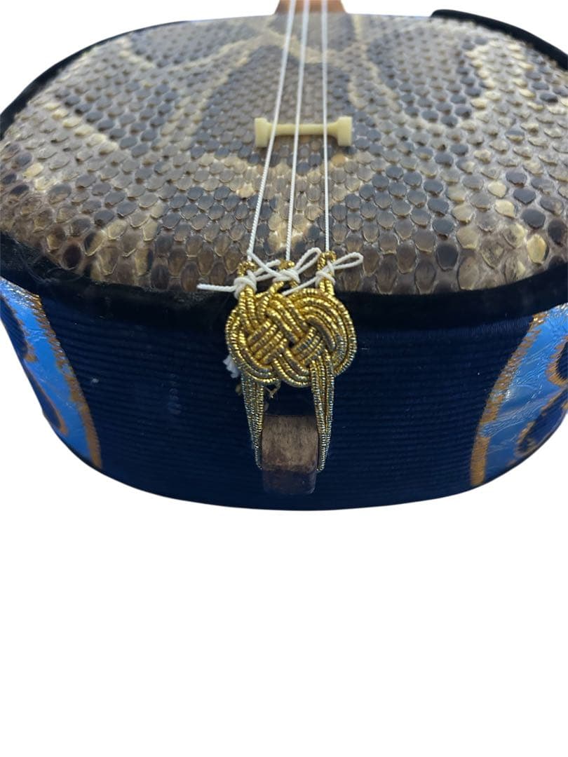 六線　琉球　 沖縄三線 蛇皮 民族楽器 破れ補修済み　沖縄伝統楽器　バチ付き