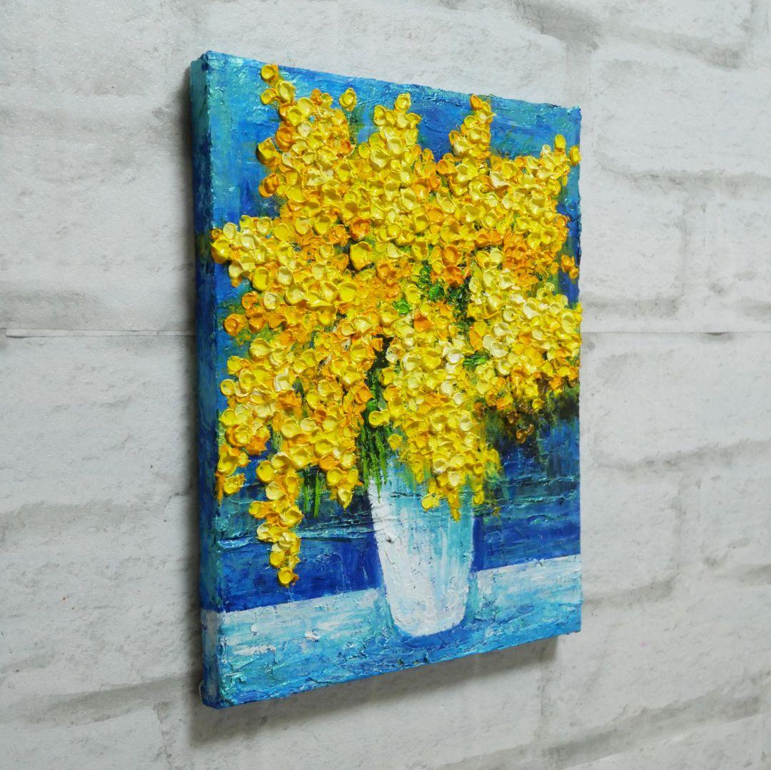 油絵 油彩 油彩画 絵 絵画 【青い背景のミモザ】