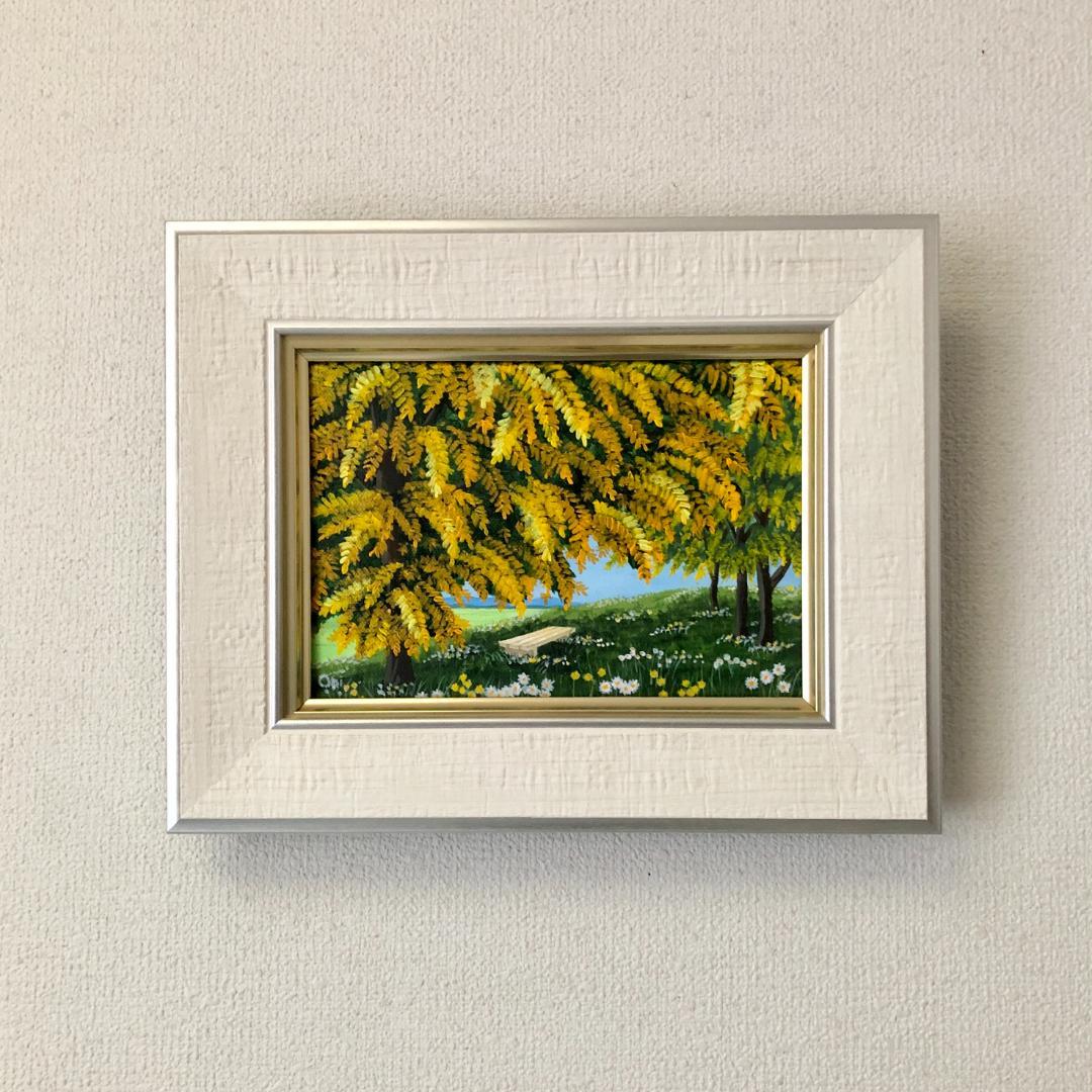 アクリル画　原画　「ミモザの下で03」額縁付　SMサイズ　キャンバス