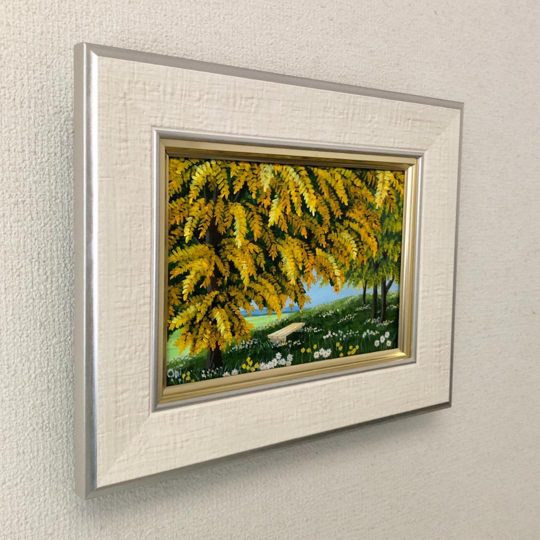 アクリル画　原画　「ミモザの下で03」額縁付　SMサイズ　キャンバス